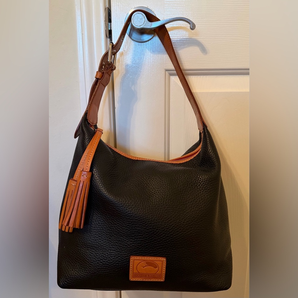 Dooney & Bourke Black Pebbled Leather Hobo with Brown Trim